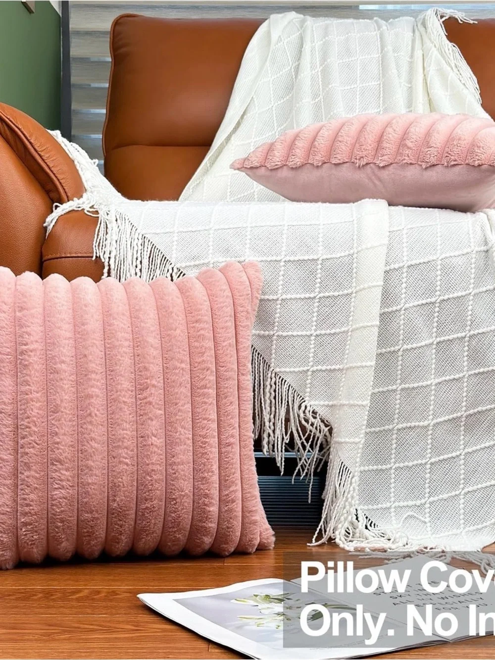 New! 18x18 Decorative Faux Fur Throw Pillow Covers Set of 2- Pink